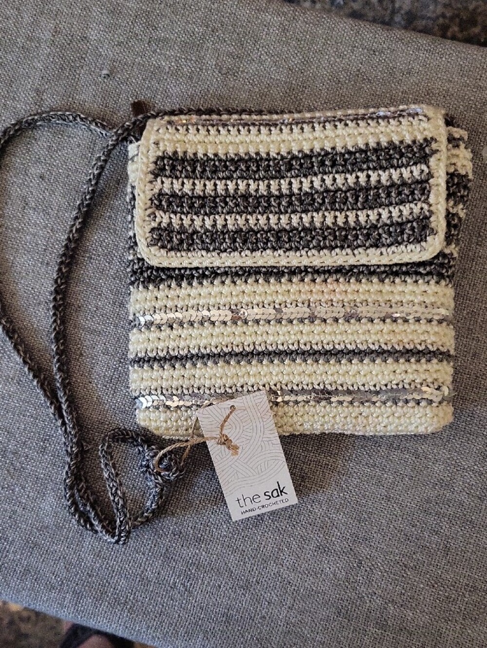 The Sak Handcrocheted Gray & White Crossbody Bag With Silver Sequins